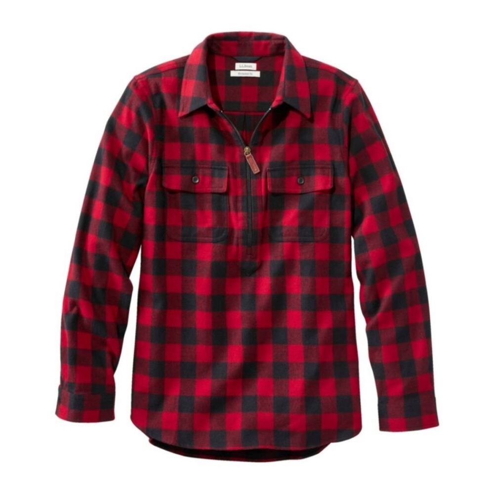 L.L. Bean Scotch‎ Plaid Flannel Shirt Red Quarter-Zip Pullover Top Size Small